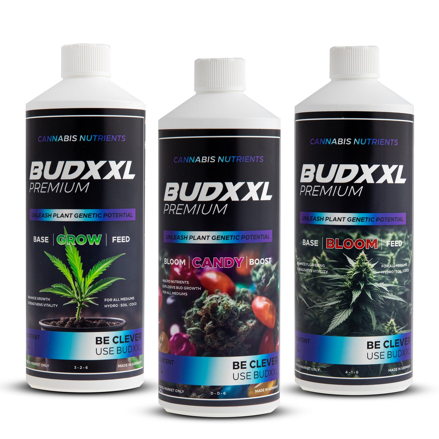 BUDXXL Premium Dünger Set - 1L Grow, 1L Bloom, 1L Candy